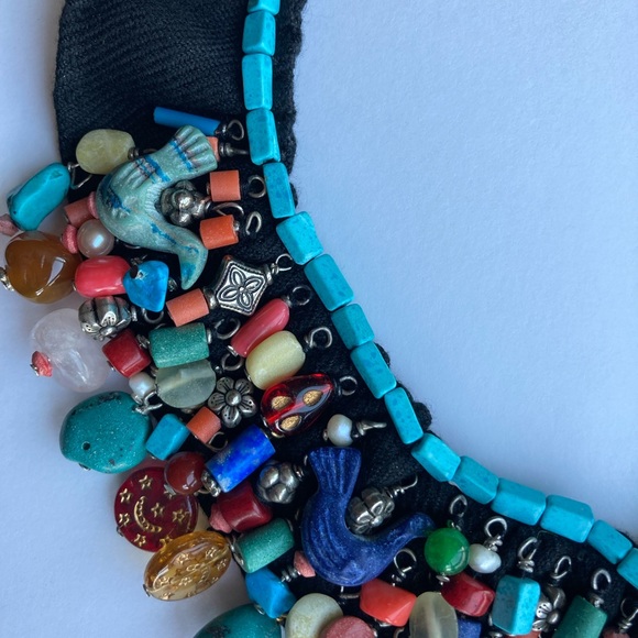 Bib, Choker Necklace, Handmade of Miscellaneous Semiprecious Stones on Fabric - Picture 5 of 7